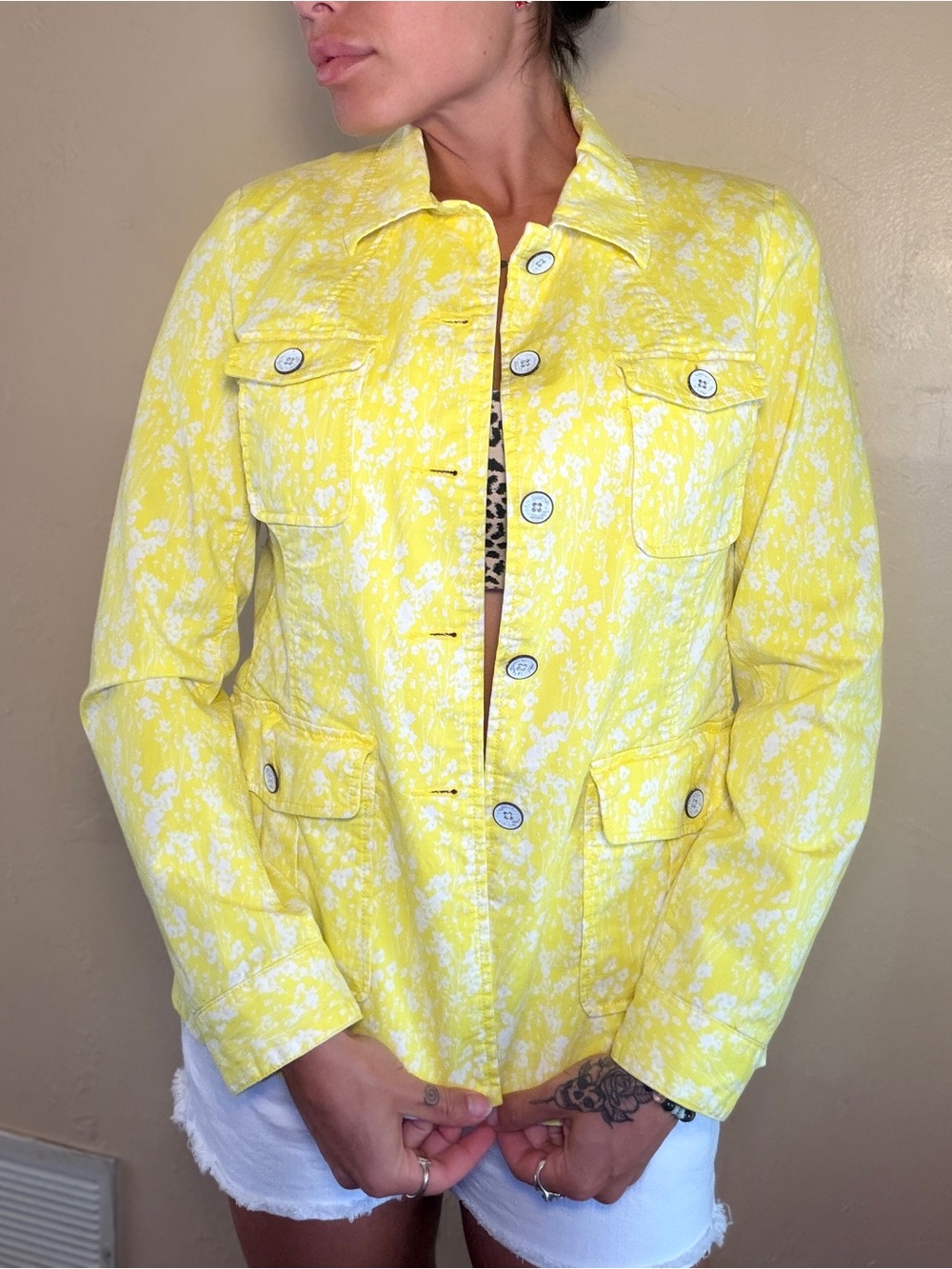 CAbi Yellow Denim Floral Print Button-Front Jean Field Jacket